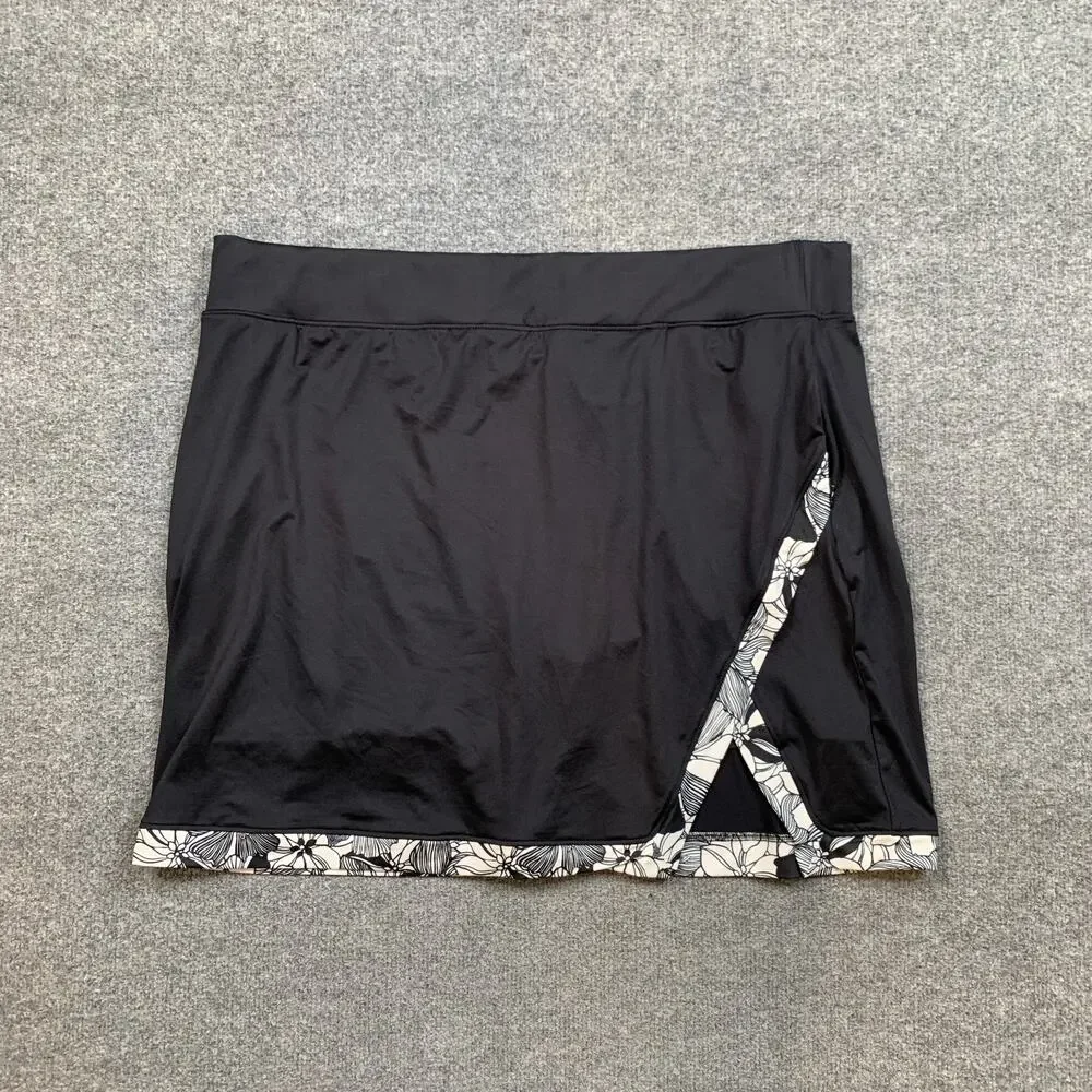 Stella Parker Skort Womens 2XL Black White Floral Trim Side Slit Pull On Lined